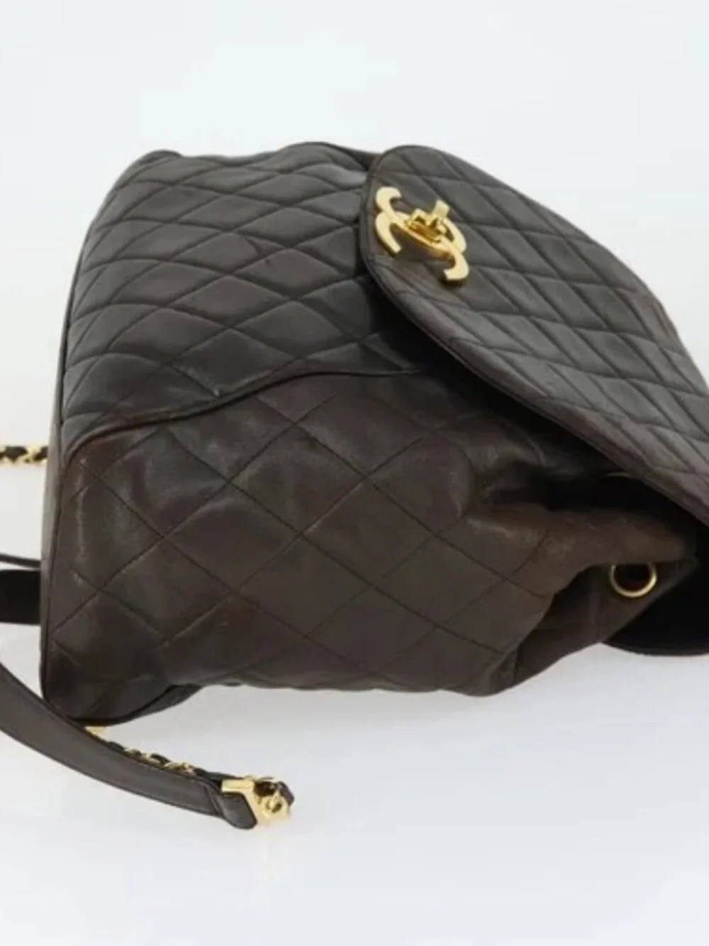CHANEL Matelasse Backpack Lamb Skin Dark Brown Gold CC Auth ki6346
